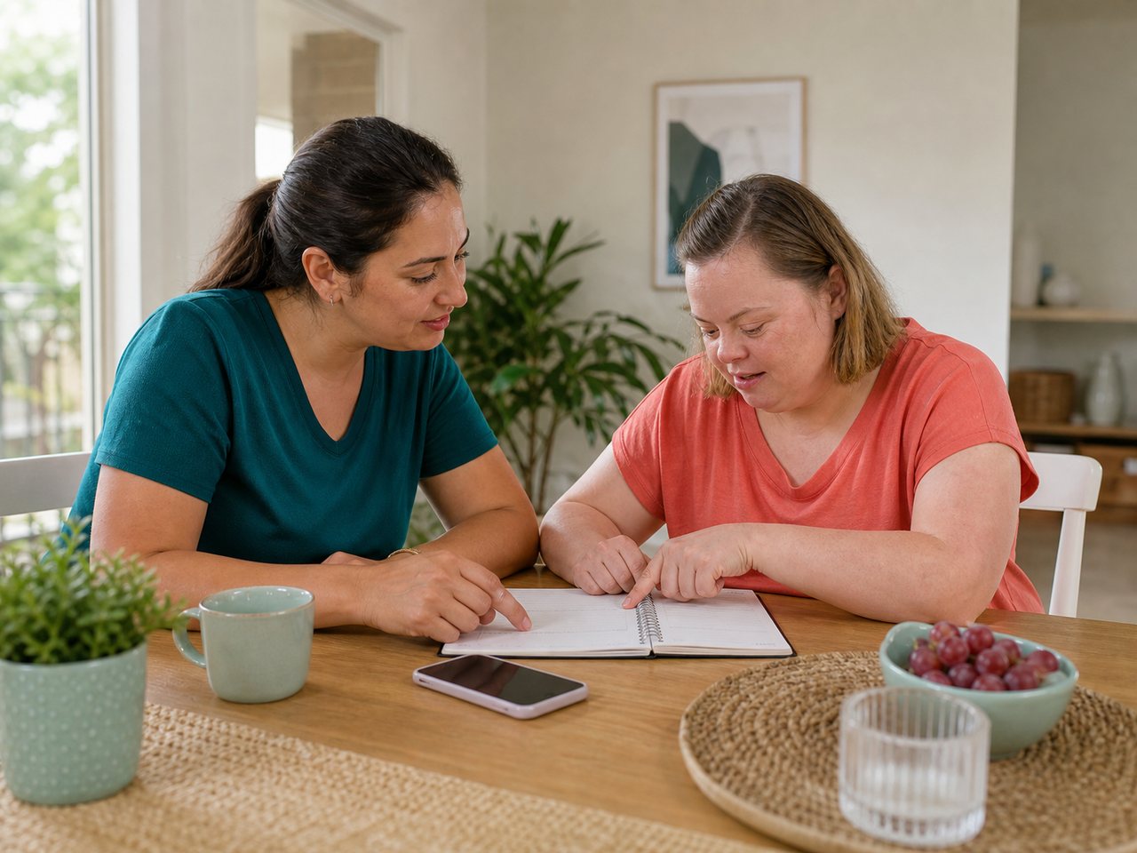 Participant and support worker reviewing support goals